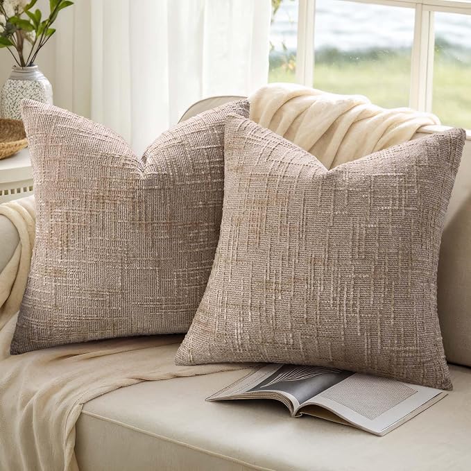 decorUhome Textured Chenille Throw Pillow Covers 20x20 Set of 2 Oatmeal | Fall Modern Farmhouse Soft Cozy Slubby Couch Pillow Cases Boho Decorative Pillow Cases for Bed Sofa Living Room Home Decor