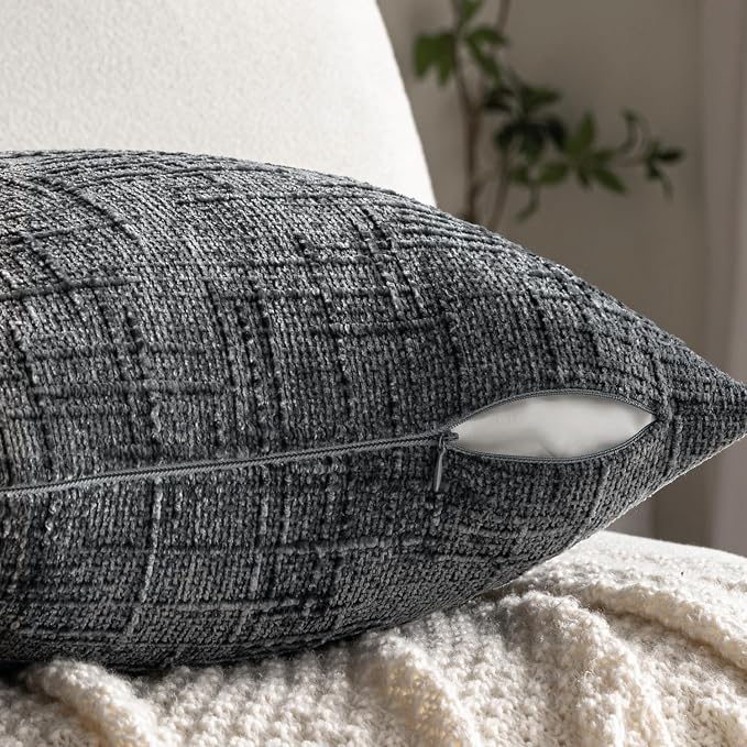 MIULEE Chenille Textured Throw Pillow Covers Dark Grey 20x20 Set of 2 | Slubby Decorative Pillows, Boho Farmhouse Home Decor, Modern Neutral Cushion Covers for Couch Sofa Bed Living Room