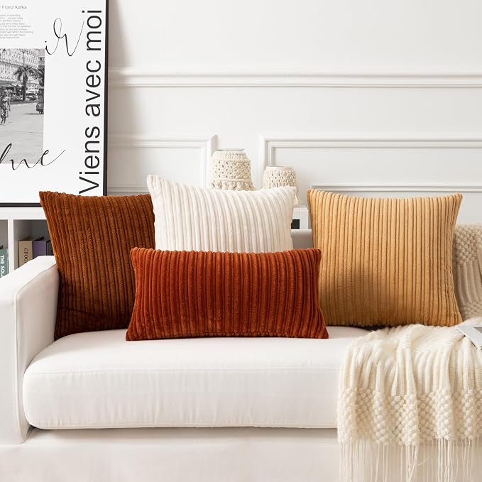 UGASA Fall Velvet 12x20 Inch Lumbar Soft Throw Pillow Covers Decorative Corduroy Striped Both Sides Solid Rectangular Cushion Cases Boho Farmhouse for Couch Bedroom Sofa Home, Pack of 2, Burnt Orange
