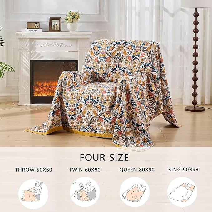 Boho Throw Blanket Farmhouse Decor Throw Blanket Bohemian Blanket for Bed 100% Cotton Muslin Woven Couch Blanket All Seasons Quilt Bedroom (A-Whiite, 50"x60")