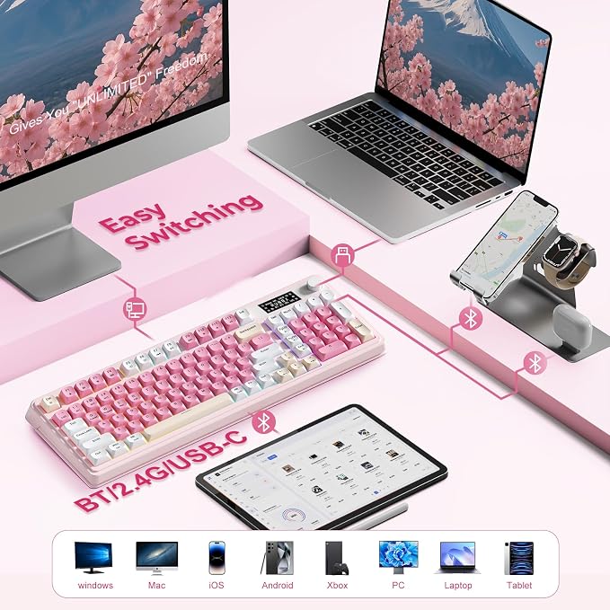 AULA S99pro Wireless Pink Keyboard,Full Size Creamy Gaming Keyboard | Tri-Mode Bluetooth/wireless/2.4GHz,RGB Backlit,Media Knob Programmable ABS Keycaps&Screen,Membrane Keyboard with Number Pad