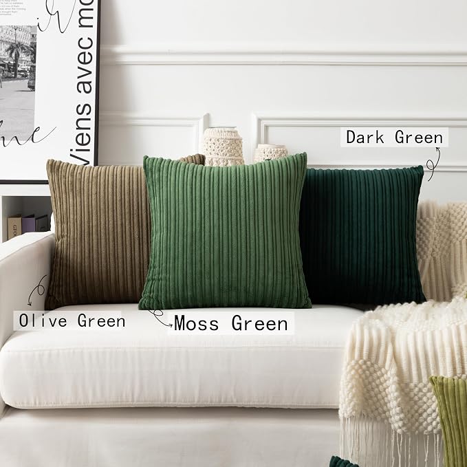 UGASA Velvet 20x20 Inch Soft Throw Pillow Cover Decorative Corduroy Striped Both Sides Solid Square Cushion Case Boho Farmhouse for Couch Bedroom Sofa Home, 1 Piece, Moss Green