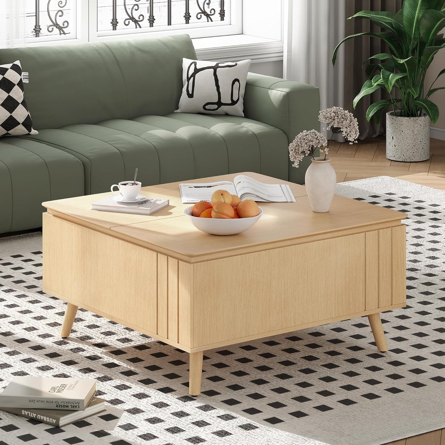 Lift Top Coffee Table, Mid Century Modern Center Table with Large Hidden Storage Compartment, 36" Square Coffee Tables for Living Room, Home Office, Oak