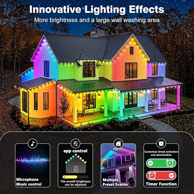 LITSOUL 300FT Permanent Outdoor Lights for House Waterproof, Smart RGB Eave LED Lighting with 16 Million Colors, IP67 Outdoor Strip Lights for Christmas Halloween Holiday Daily Decorations (90m/300ft)