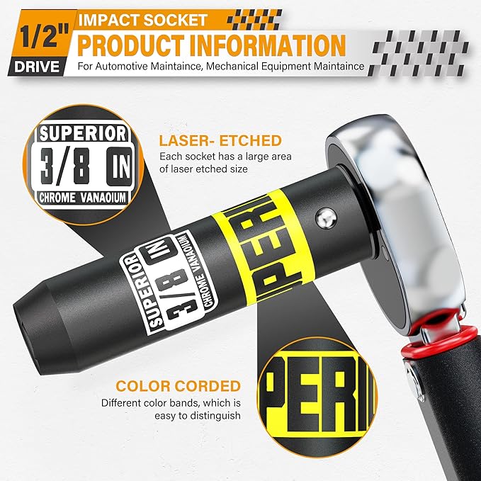 1/2" Drive Impact Socket, 3/8 inch Deep Socket, SAE, 6 Point, CR-V, for Car Repair, Loosen the Fastening Nut