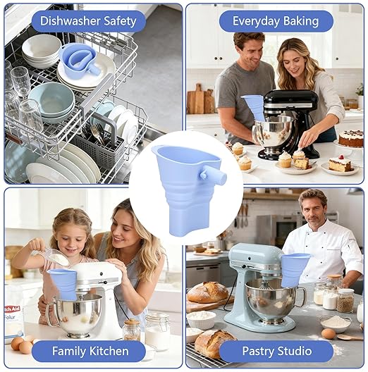 No-Mess Flour Funnel for Kitchen Aid Mixer Set with Scoop, Extended Mouth Foldable Flour Funnel for Kitchenaid Stand Mixer Attachments for 4.5-7 Quart KSM150, Dishwasher Safe Pouring Chute