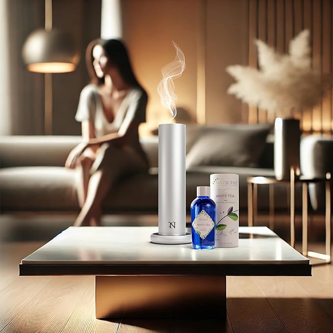 Dynamo Hotel Scent Diffuser – Cold-Air Essential Oil Diffuser for Home & Large Rooms up to 1000 sq ft, App & Manual Control, Hypoallergenic, Includes White Tea Fragrance Sample – Silver