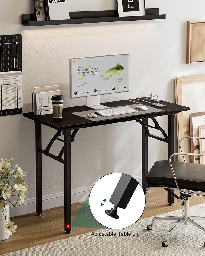 Frylr Small Folding Computer Desk – 43.3 Inch Portable Table for Craft and Study, Lightweight Desk for Small Spaces, Foldable Laptop Table Built-in AC/USB Outlets for Convenience, Dark Oak