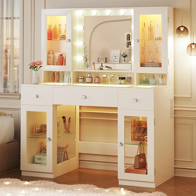 Vanity Desk with Mirror and RGB Lights, 43" Large Makeup Vanity with Glass Top, 4 Large Glass Cabinets, Power Outlet & 3 Drawers, 3 Colors Lighting Adjustable Brightness for Bedroom, White