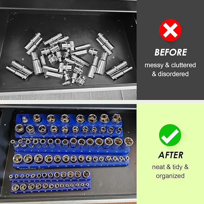 Magnetic Socket Organizer Set, 3 Pcs Blue Metric Socket Tray Set for 1/4", 3/8", and 1/2" Sizes Drive, Socket Holder Holds 75 Sockets for Tool Box