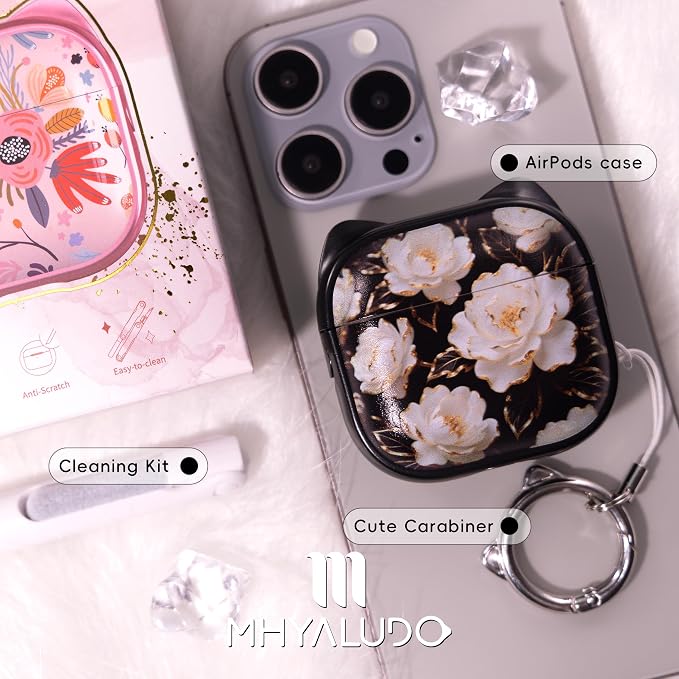 for AirPods 4 Case with Cleaning Kit, Cute Cat Ear Print Design & Cute Buckle, Inverted Phone Holder Design, Top Safe Lock Buckle Design, for Girls AirPods 4 case 2024, Black Peony