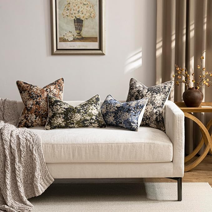 Pack of 2 Vintage Floral Euro Sham Covers 26x26 Boho Farmhouse Accents Chenille Square Decorative Throw Pillow Cases for Living Room Couch Bed Home Decor, Taupe