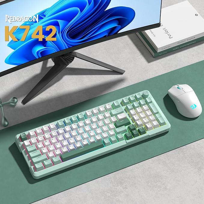 Redragon K742 Bluetooth Wireless Mechanical Gaming Keyboard with Knob | BT5.0/2.4GHz/USB C Creamy Keyboard with Number Pad for PC Computer, RGB Backlits, Hot-Swappable with Linear Switches (Green)