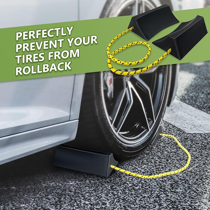 ROBLOCK Upgrade Wheel Chocks for Lightweight Travel Trailer Light Truck Car Tractor, Sturdy Simple Easy to use,Tires Light Block Stopper Chock with Nylon Rope Yellow Reflective Tape (2pack)