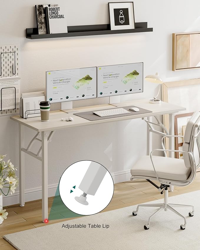 Frylr Small Folding Computer Desk – Portable 55.1 Inch Foldable Laptop Table, Collapsible and Compact for Easy and Fast Setup, Lightweight for Small Spaces, Home Craft and Study Use, White Ash
