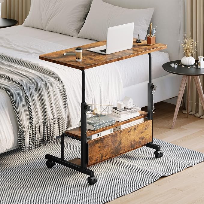 DUMOS Rolling Desk, Storage Shelves, Laptop Table, Home Office | Height Adjustable Design, Computer Desks on Wheels, Portable for Small Spaces Use, White