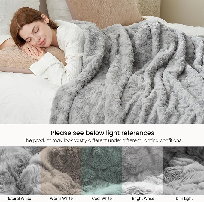 Cozy Bliss Faux Fur Throw Blanket for Couch, Fuzzy Soft Plush Thick Warm Fluffy Reversible Wave Textured Blanket for Sofa Bedroom Living Room, 55 * 70 Inches Grey