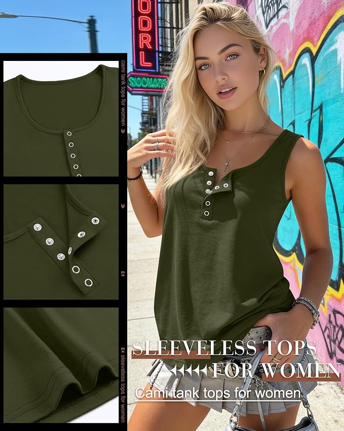Ficerd 3 Pack Women's Henley Tank Tops Sleeveless Button Down Summer Shirts 2026 Casual Trendy Loose U Neck Tee Blouses