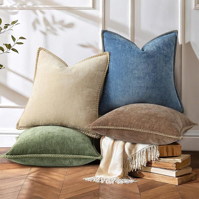 decorUhome Soft Chenille Throw Pillow Covers 20x20 Set of 2 Brown | Fall Textured Decorative Throw Pillow Cases Stitched Edge Modern Farmhouse Luxury Boho Velvet for Couch Sofa Bed Home Decor