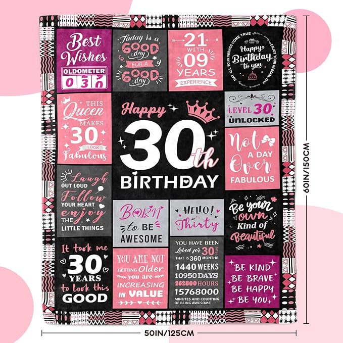 30th Birthday Gifts for Women, Happy 30th Birthday Blanket 50" x 60" | 30 Year Old Birthday Gifts for Women, Daughter, Friend, 1996 30th Birthday Decorations for Her