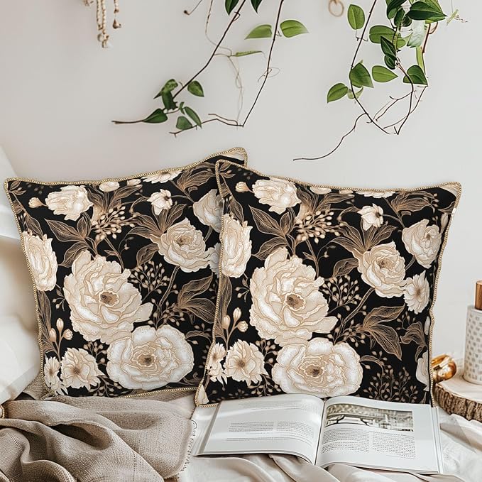 Vintage Peonies Roses Flower Velvet Pillow Covers 20x20 Inch Gold White Aesthetic Floral Leaves Throw Pillows For Couch Cushion Covers Pillowcase Farmhouse Pillow Cases for Sofa Bed Living Room