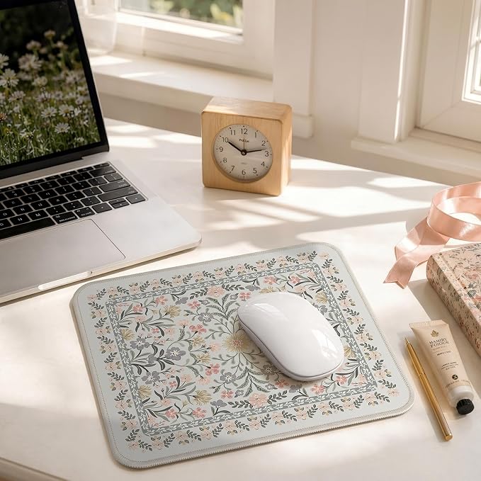 iCasso Aesthetic Small Mouse Pad, 9.5x7.9in,Home Office,Gray Floral | Mini Portable Travel Mousepad, Anti-Slip and Comfortable Cloth Mouse Mat with Stitched Edges for Computer, Home