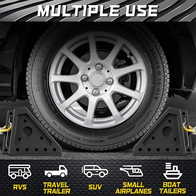 2 Pack Heavy Duty Wheel Chocks with 39" Rope, Rubber Wheel Chocks for Trailers, RV, Cars, Trucks, and ATV