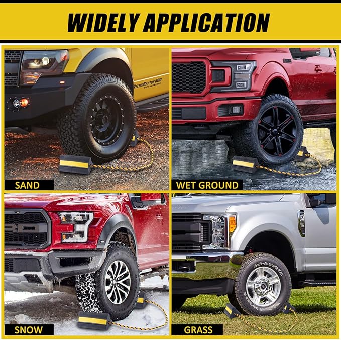 Heavy Duty Wheel Chocks - Wheel Stoppers for Trailer Travel Trailers RV Aircraft Car Camper Truck, Non Slip Rubber Wheel Block with Nylon Rope Yellow Reflective Tape(1 Pair)