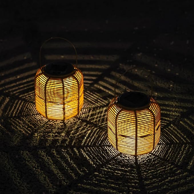 Solar Outdoor Rattan Lanterns, Decorative Hanging Lights for Patio Garden Backyard (Two Pack)(Style 2)