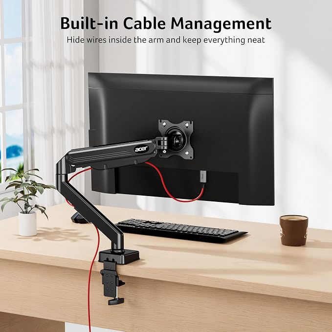 Acer Single Monitor Mount, Fully Adjustable Monitor Arm Fits 17 to 34 Inch Screens, Gas Spring VESA Mount with C-Clamp & Grommet Base, Computer Desk Arm with Tilt Swivel Rotate Supports 4.4-19.8 lbs