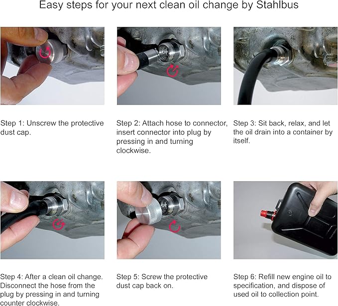 Stahlbus Oil Drain Valve Plug G 1/2 inch-14 = R 1/2 inch = 1/2 inch BSP Steel - CLEAN, EASY, NO TOOL Oil Change - Includes: Oil Drain Plug, Washer, Cap, Connector, Silicone Hose