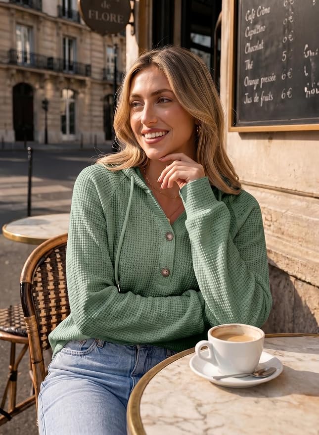 Dokotoo Hoodies for Women Waffle Knit Long Sleeve Drawstring Button V Neck Casual Sweatshirt Hooded Tops Fashion Clothing