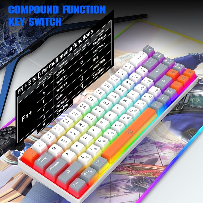 Snpurdiri 60% Percent Gaming Keyboard (68 Keys, White-Grey-Orange) | Ergonomic Compact RGB Backlit Small Gaming Keyboard for Windows, PC, Laptop