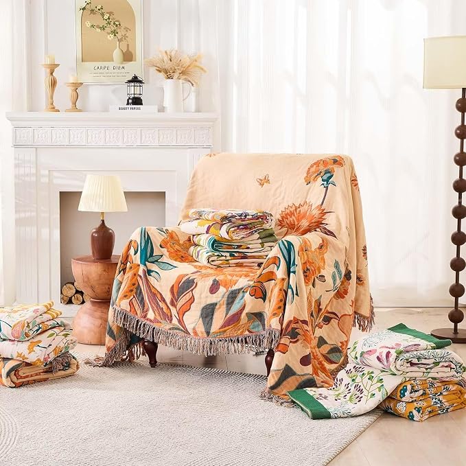 XIBLC Boho Throw Blanket for Bed, 100% Cotton Soft Rustic Quilt Fall Blanket, 80" 90" Floral Printed Farmhouse Decor Bed Blankets, All Season Rustic Reversible Bohemian Throw Quilt