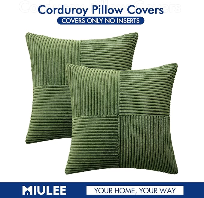 MIULEE Moss Green Decorative Throw Pillow Covers for Couch 18x18 Inch | 2 Pack, Boho Farmhouse Pillow Covers, Soft Cross Corduroy Patchwork Textured Cushion Cases For Bed Sofa