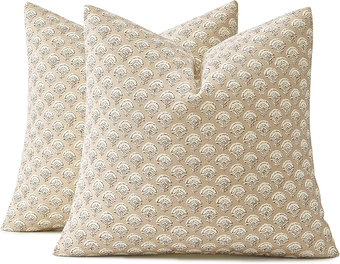 MIULEE Floral Print Decorative Euro Pillow Covers 22x22, Cream Oatmea | Vintage Boho Farmhouse Modern Home Decor, Set of 2, Block Print Cushion Covers for Couch Sofa Bed Living Room