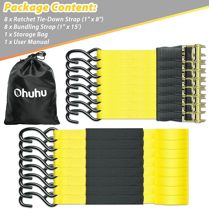 Ratchet Tie Down Strap 15 Ft - 500 lbs Load Cap with 1500 lbs Breaking Limit, Ohuhu Ratchet Tie Downs Logistic Cargo Straps for Moving Appliances, Motorcycle (Yellow, 8-Pack)