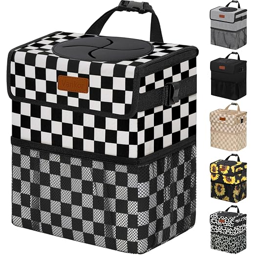 Vankor 3 Gallons Car Trash Can with Lid, Bag Bin Hanging Waterproof Automotive Car Garbage Cans Leak Proof Vehicle Trash Can for Truck SUV, Black White Checkered