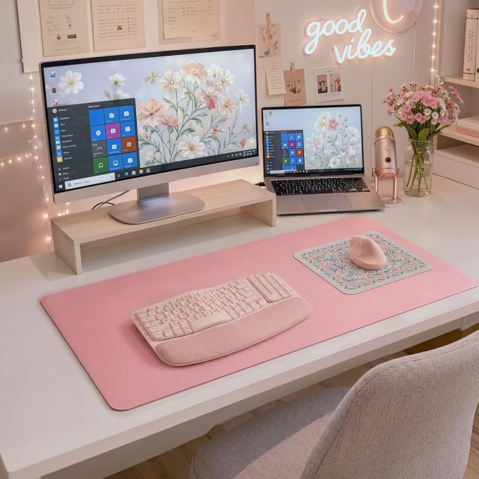 iCasso Aesthetic Small Mouse Pad, 9.5x7.9in,Home Office, Pink Floral | Pink Mini Portable Travel Mousepad, Anti-Slip and Comfortable Cloth Mouse Mat with Stitched Edges for Computer