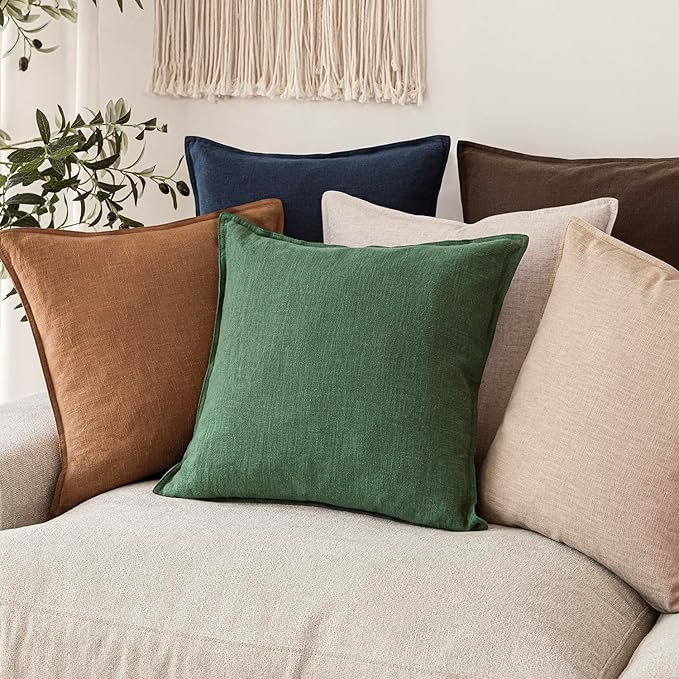 Foindtower Set of 2, Decorative Linen Solid Throw Pillow Covers Soft Accent Euro Cushion Case Farmhouse Neutral Pillowcase for Chair Couch Sofa Bedroom Living Room Home Decor 22 x 22 Inch Pine Green