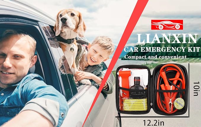 LIANXIN Car Roadside Emergency Kit,with Jumper Cables Car Safety Kits | Emergency Car Kit Tow Straps Headlamp Jumping Cables Safety Hammers Gloves, Breakdowns Gifts for New Drivers