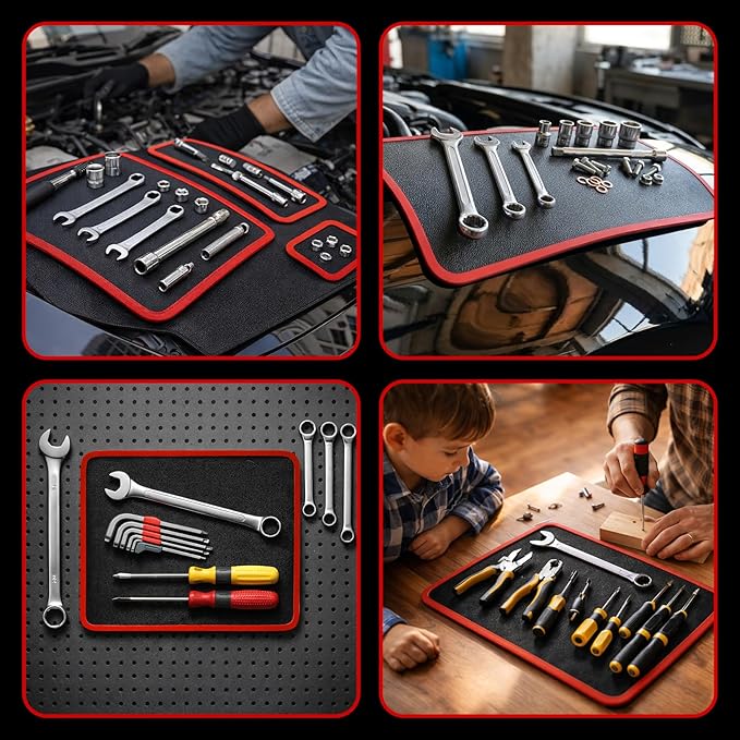 Qidejoy 3Pcs Magnetic Tool Mat & Tray, Flexible PVC & Non-Slip Tool Holder, 40LB Magnetic Parts Pad – Tools for Mechanics, Garage, Workshop & Auto Repair, Toolbox Organization, Holds Screws