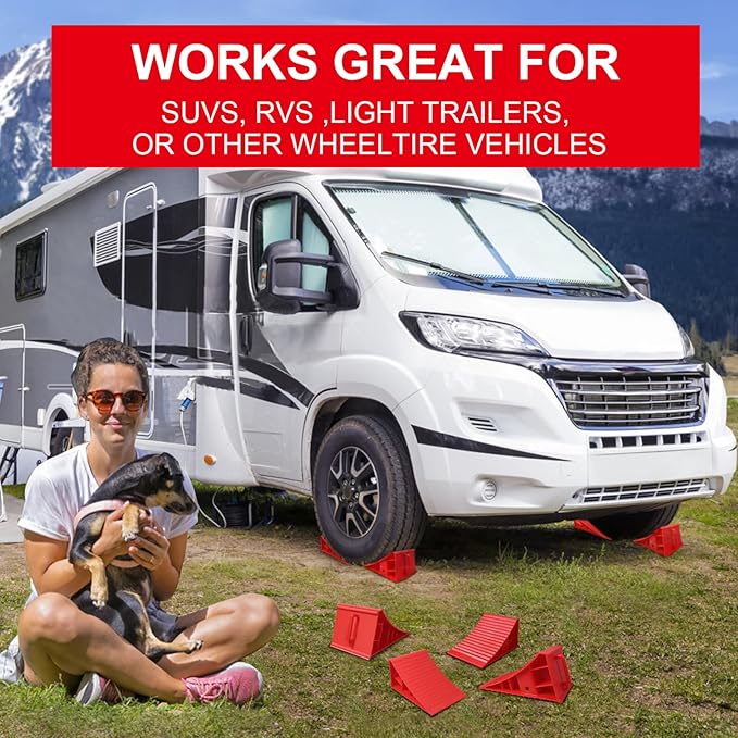4Pack Wheel Chocks for RV Trailer Non Slip Heavy Duty Red Camper Wheel Chocks with Handle for Easy Removal Polypropylene Wheel Stoppers for Cars Campers Trucks Rvs