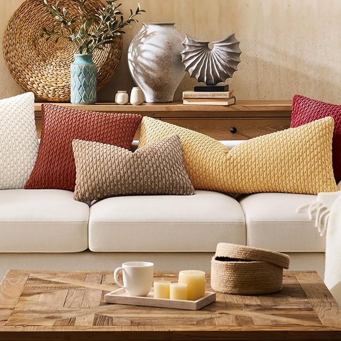 Kevin Textile Soft Corduroy 14"x24" Lumbar Pillow Cover 1 Pack, Khaki | Boho Stripe Plush Corduroy Decorative Oblong Cushion Cover Modern Farmhouse Home Decor for Sofa Couch Bed Chair