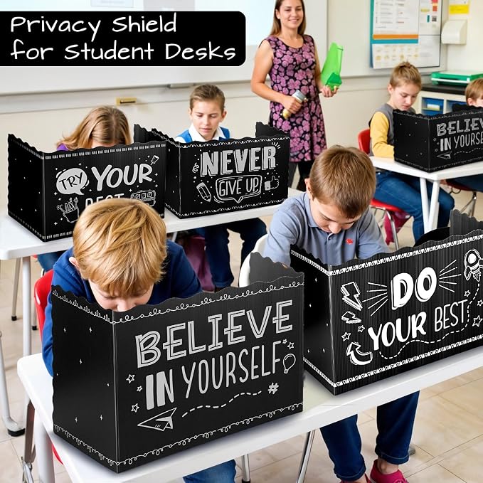 24-Pack Desk Dividers for Students, Durable Plastic Study Dividers, Black | Waterproof, Easy-to-Clean Plastic, Freestanding, Fold-Flat Privacy Folders for Classroom, Exam, Library, Office and School
