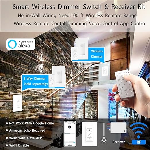 Wireless Dimmer Light Switch and Receiver Compatible With Alexa - Smart Wall Switch for Ceiling Lights, Fans, Lamps