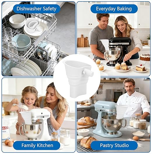 No-Mess Flour Funnel for Kitchen Aid Mixer Set with Scoop, Extended Mouth Foldable Flour Funnel for Kitchenaid Stand Mixer Attachments for 4.5-7 Quart KSM150, Dishwasher Safe Pouring Chute