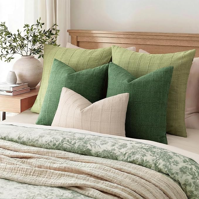 Foindtower Set of 2 Decorative Linen Check Throw Pillow Covers Neutral Farmhouse Vintage Cushion Covers Cozy Modern Boho Accent Home Decor for Sofa Chair Couch Bed Living Room,14×36 Inch,Forest Green