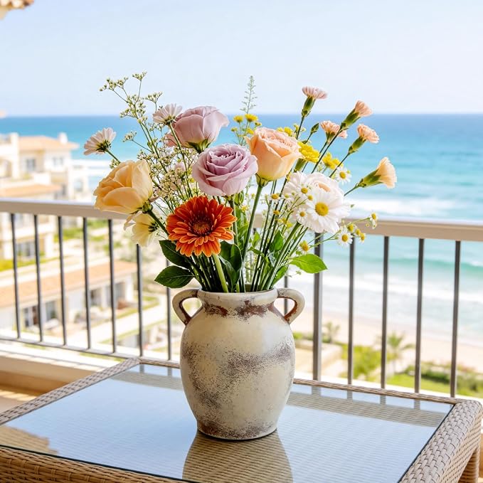 Ceramic Flower Vase, Large White Flower Vase Tall Rustic Farmhouse Decorative Vase Floral Pottery Vases Gifts for Women Birthday Gifts Vases for Home Decor, Living Room, Table, Neutral