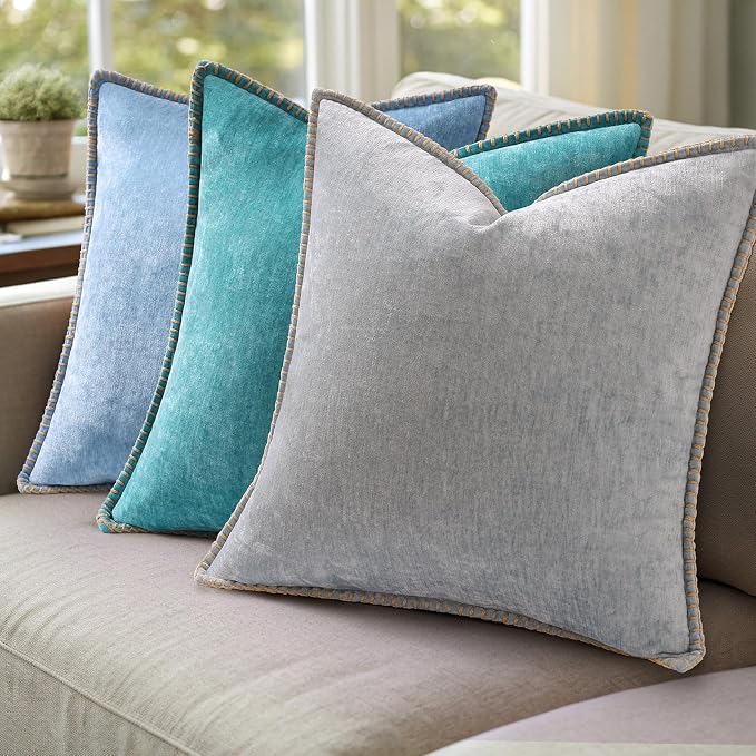 decorUhome Soft Chenille Throw Pillow Covers 26x26 Set of 2 Neutral Gray | Fall Textured Decorative Throw Pillow Cases Stitched Edge Modern Farmhouse Luxury Boho Velvet for Couch Sofa Bed Home Decor